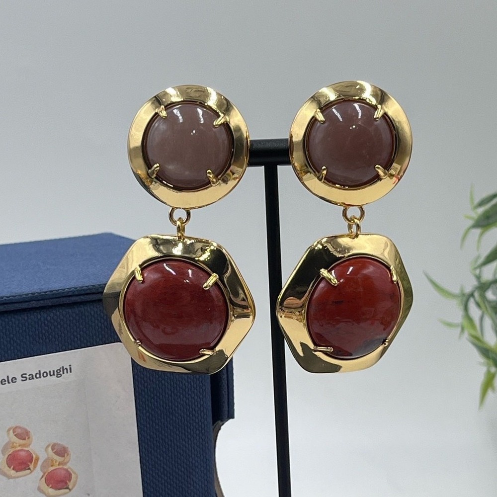 Lele Sadoughi Geo Bezel Red Harvest‎ Jewel Drop Gold Plated Clip Runway Earring